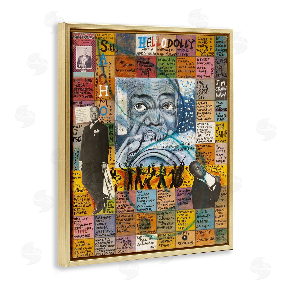 Sabin Louis Armstrong Collage Gold Floating Frame Canvas Wall Art Print