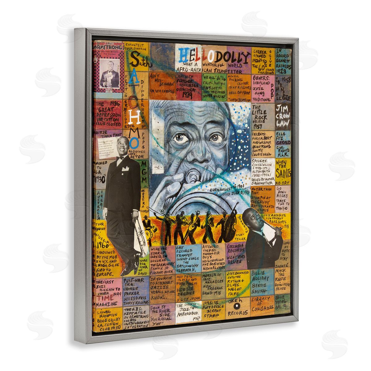 Sabin Louis Armstrong Collage Gray Floating Frame Canvas Wall Art Print