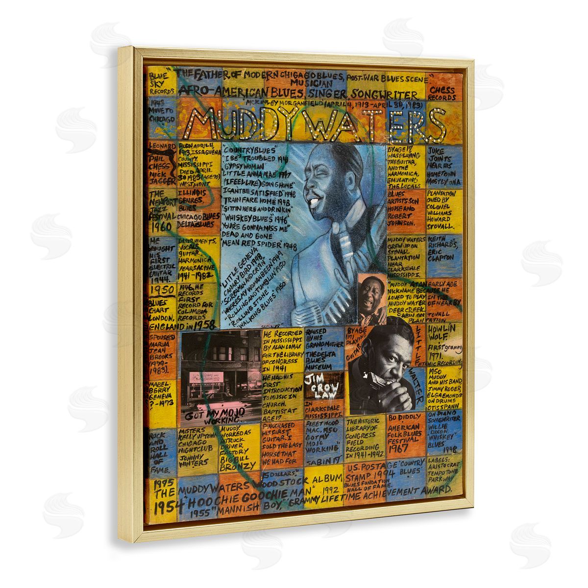 Sabin Muddy Waters Collage Gold Floating Frame Canvas Wall Art Print