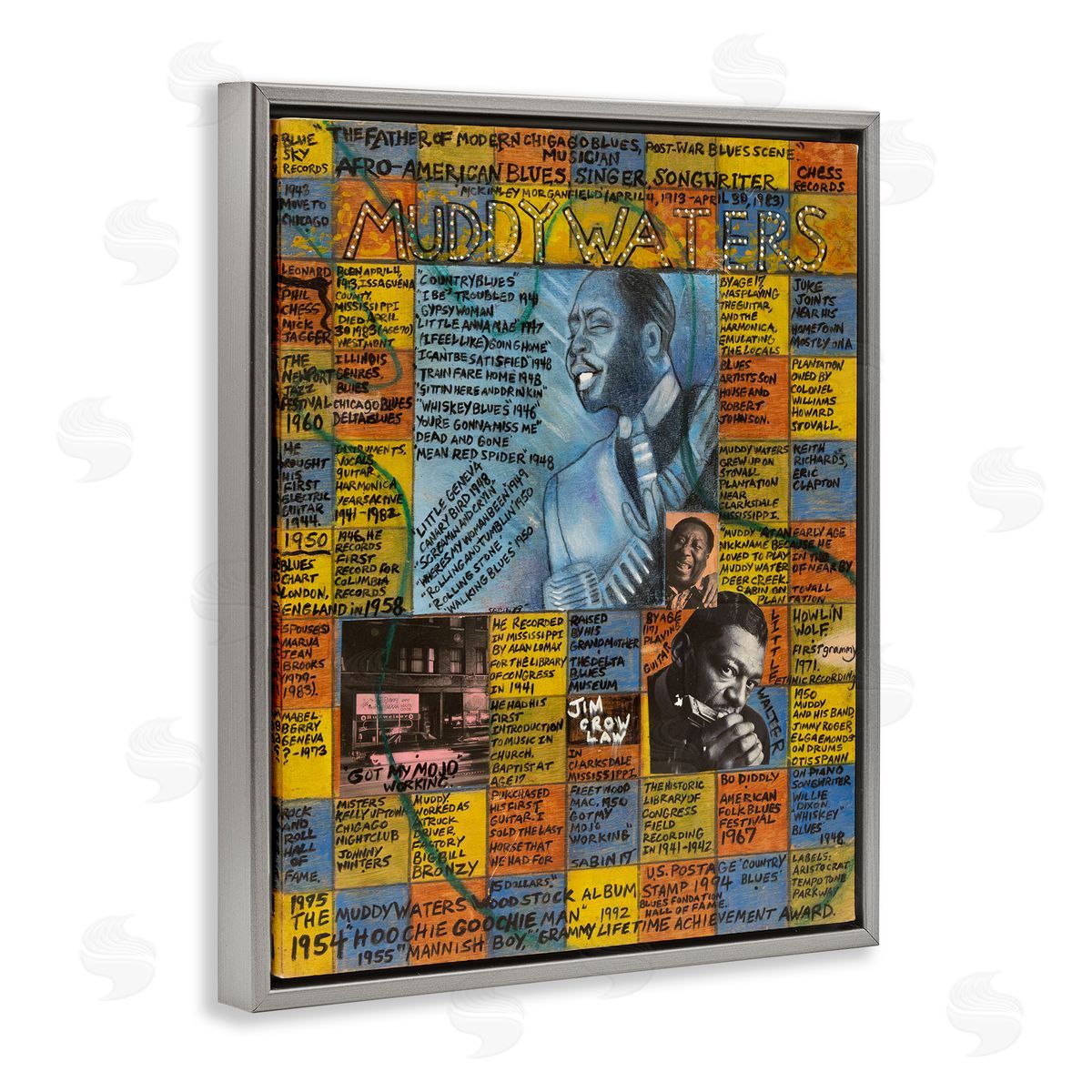 Sabin Muddy Waters Collage Gray Floating Frame Canvas Wall Art Print