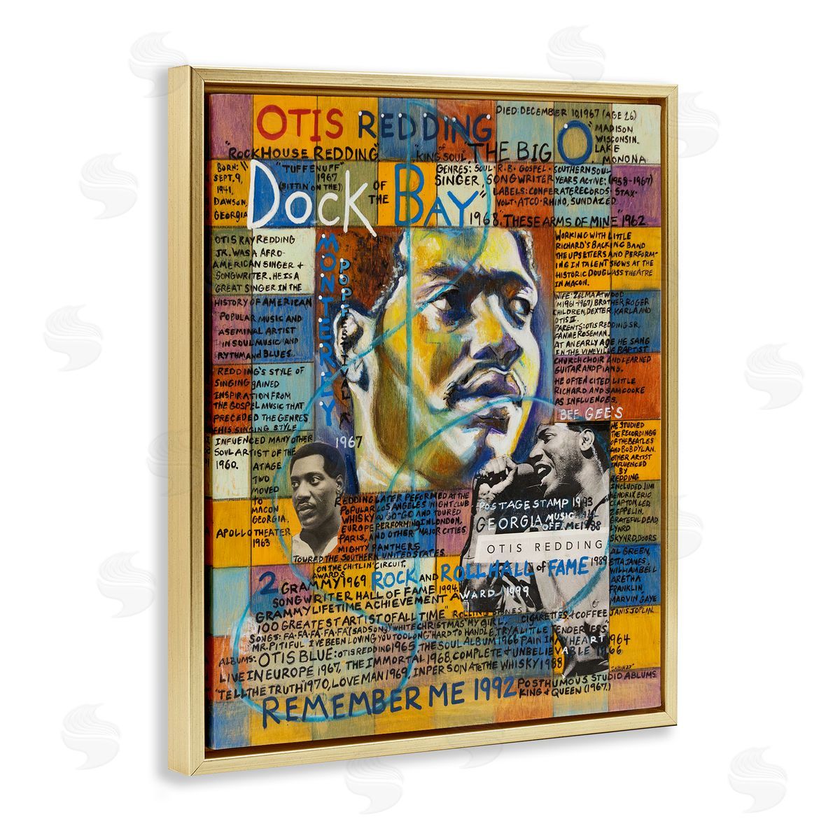 Sabin Otis Redding Collage Gold Floating Frame Canvas Wall Art Print
