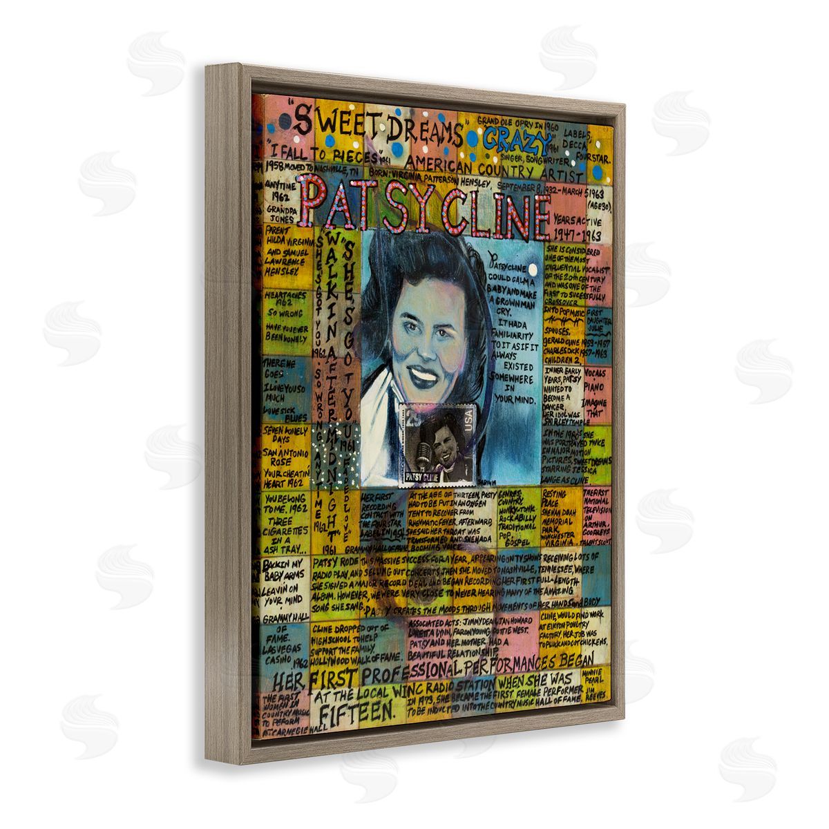 Sabin Patsy Cline Collage Brown Floating Frame Canvas Wall Art Print