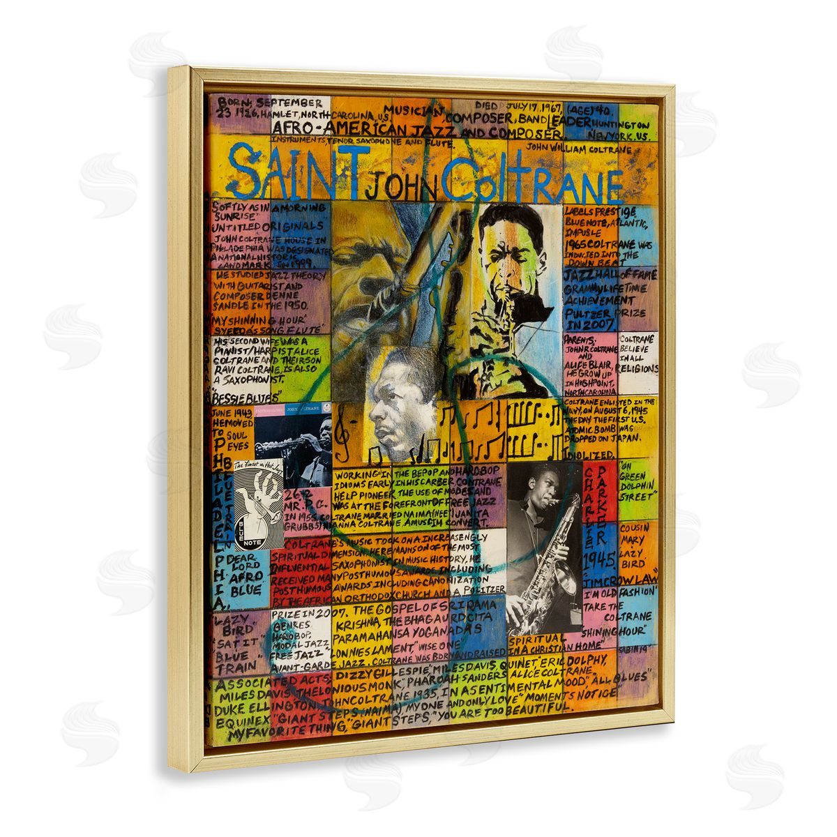 Sabin Saint John Coltrane Collage Gold Floating Frame Canvas Wall Art Print