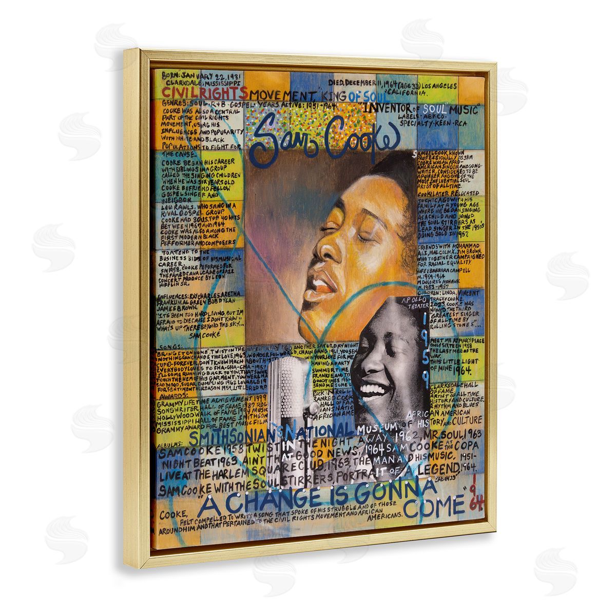 Sabin Sam Cooke Collage Gold Floating Frame Canvas Wall Art Print