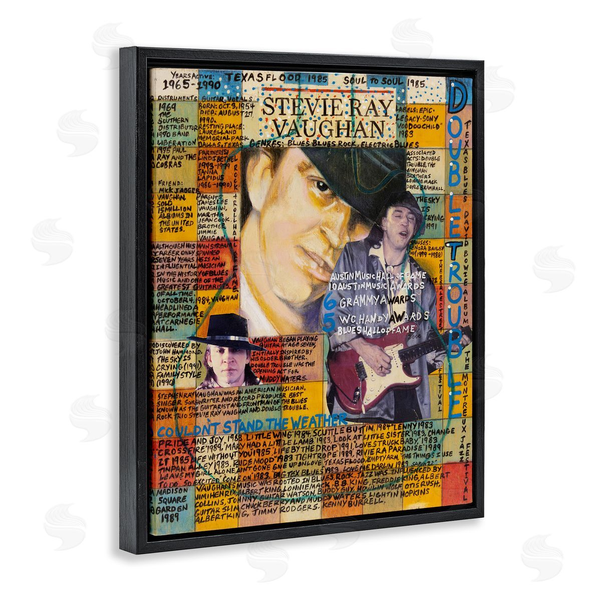 Sabin Stevie Ray Vaughan Collage Black Floating Frame Canvas Wall Art Print
