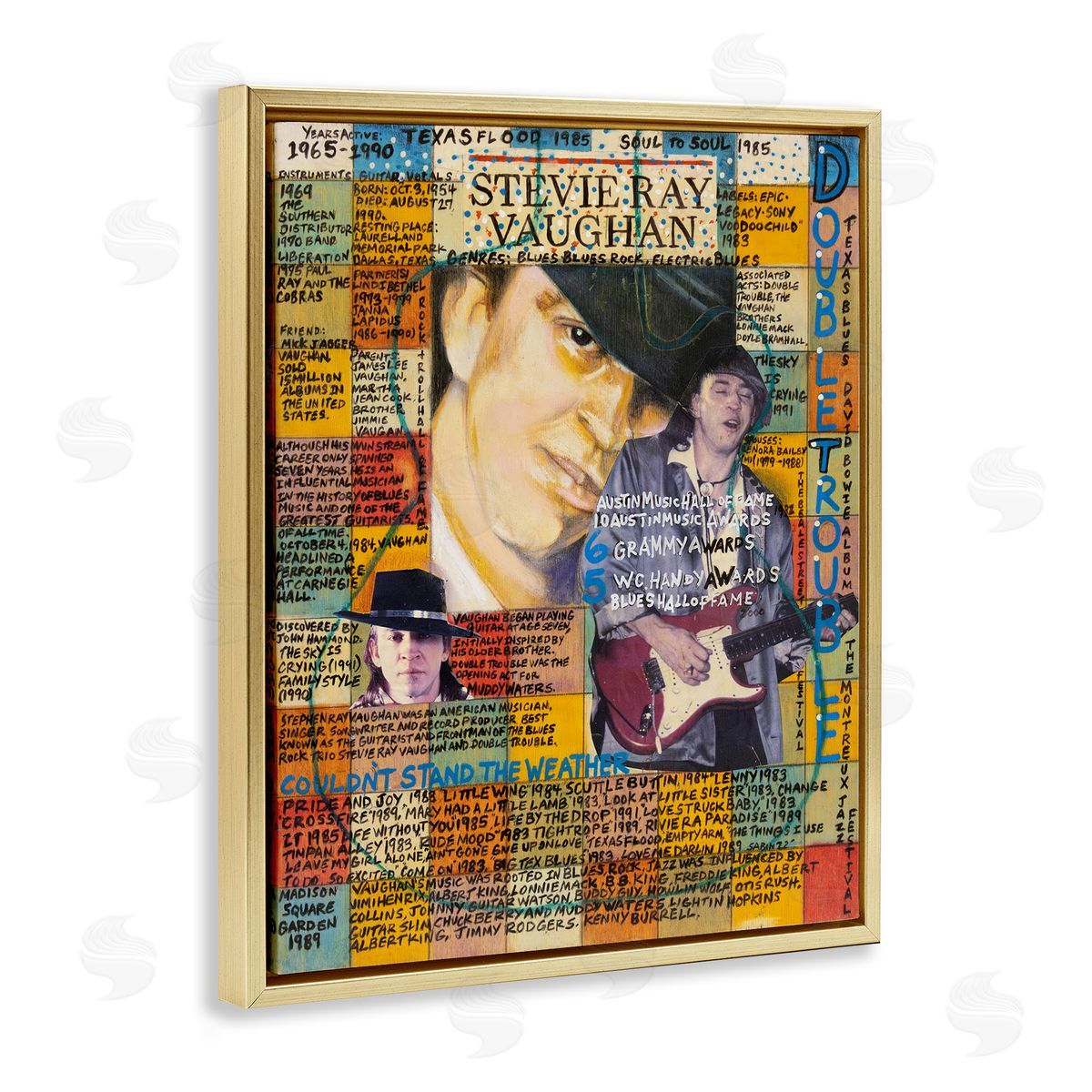 Sabin Stevie Ray Vaughan Collage Gold Floating Frame Canvas Wall Art Print