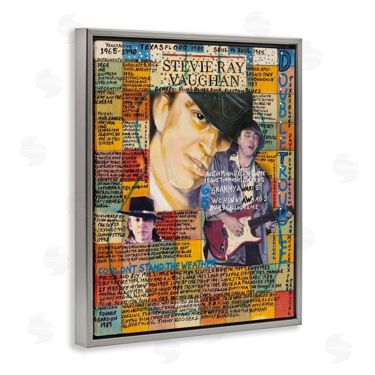 Sabin Stevie Ray Vaughan Collage Gray Floating Frame Canvas Wall Art Print