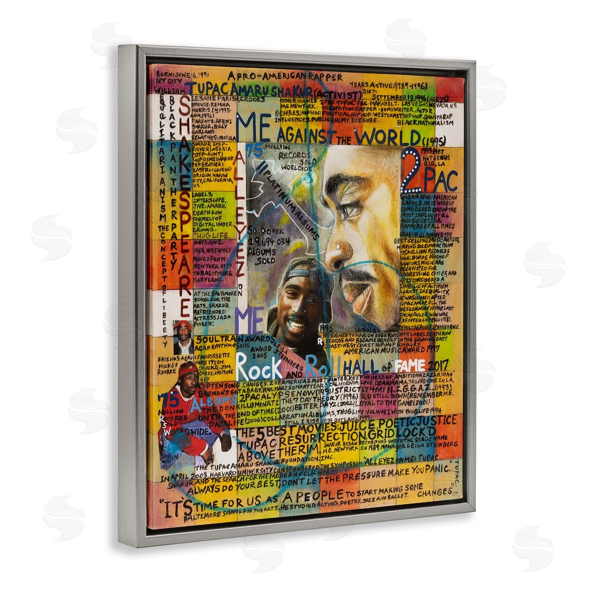 Sabin Tupac Musician Collage Gray Floating Frame Canvas Wall Art Print