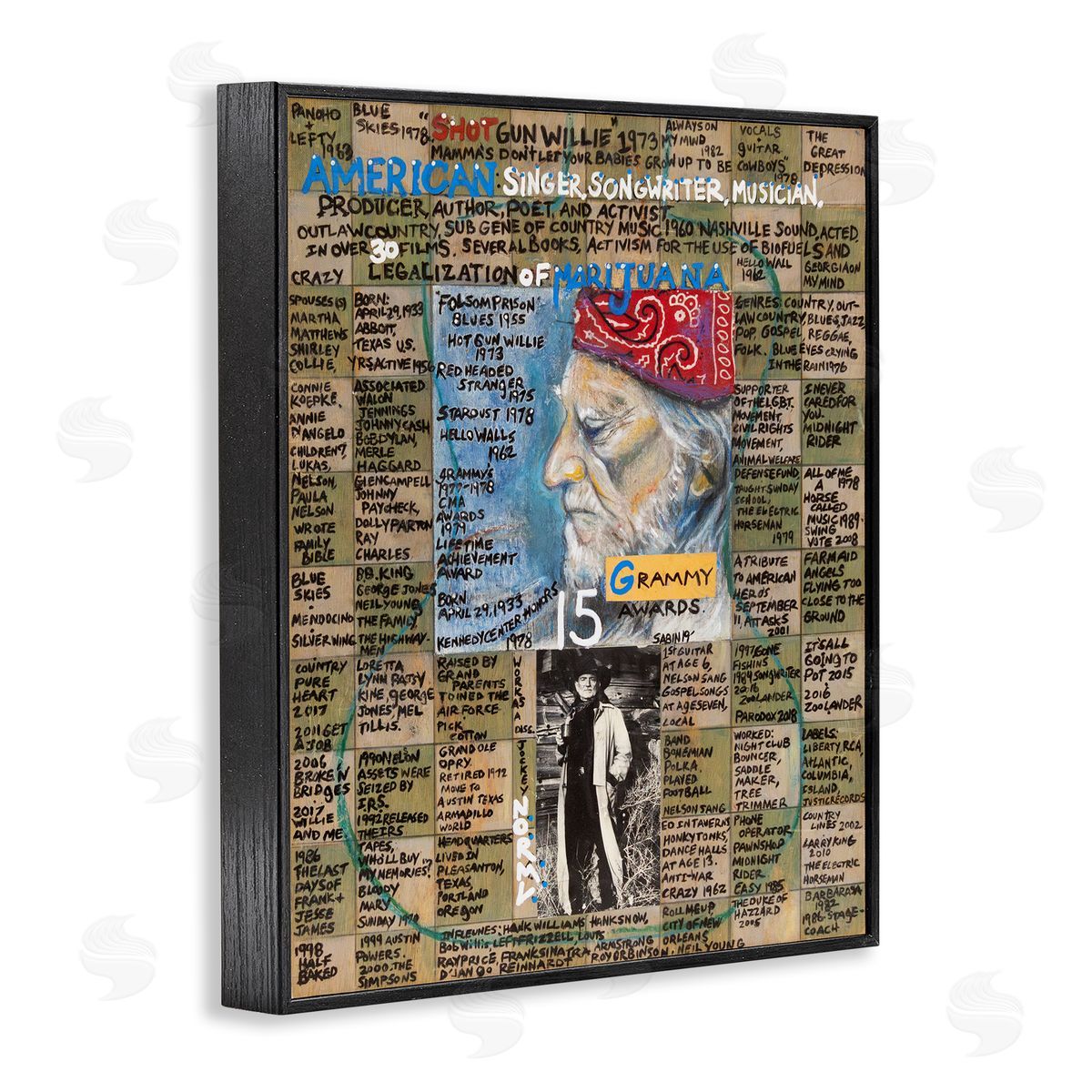 Sabin Willie Nelson Collage Black Framed Giclee Wall Art Print