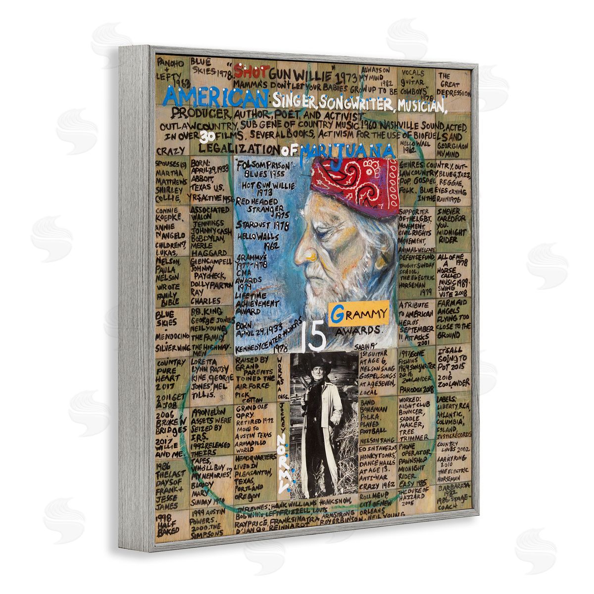 Sabin Willie Nelson Collage Gray Framed Giclee Wall Art Print