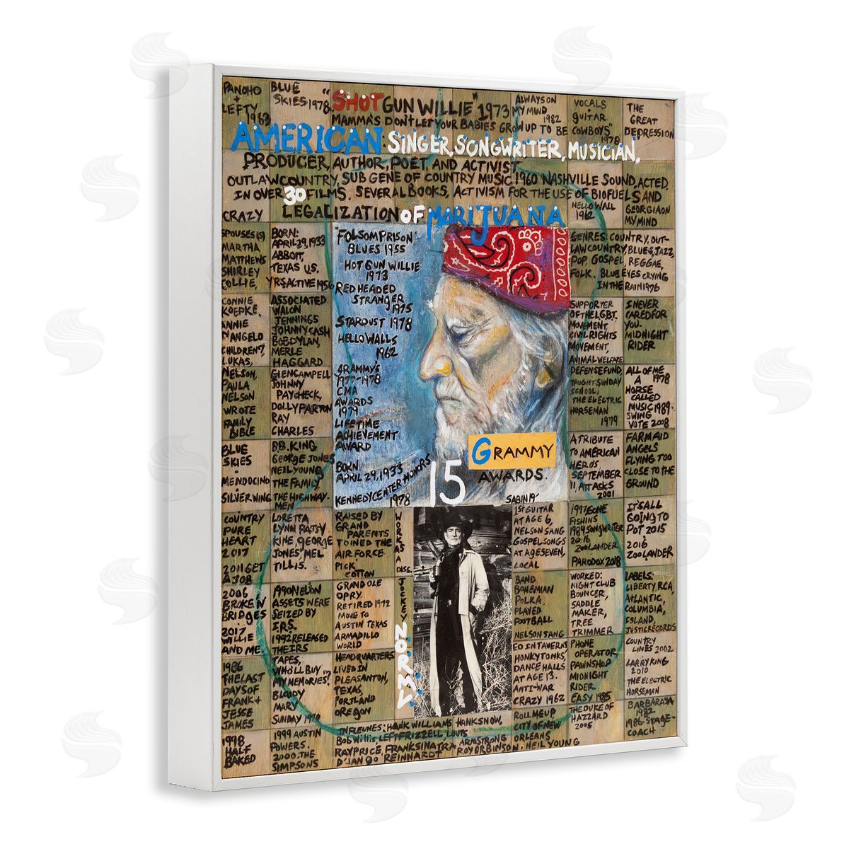 Sabin Willie Nelson Collage White Framed Giclee Wall Art Print