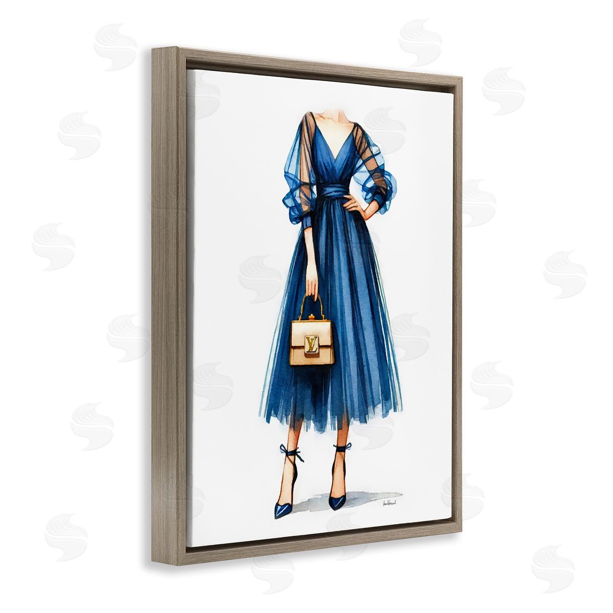 Amanda Greenwood Blue Gown Fashion Girl Brown Floating Frame Canvas Wall Art Print