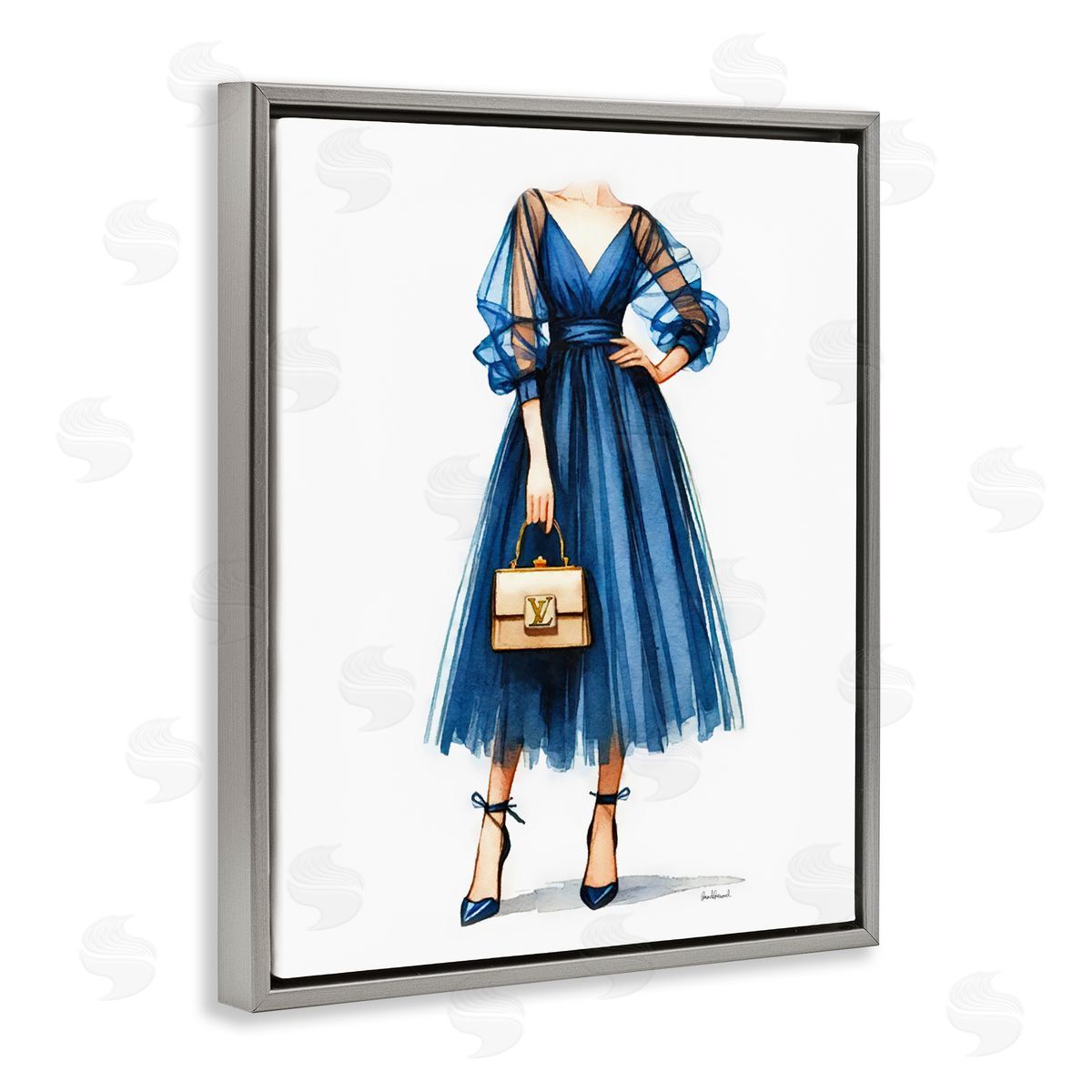 Amanda Greenwood Blue Gown Fashion Girl Gray Floating Frame Canvas Wall Art Print