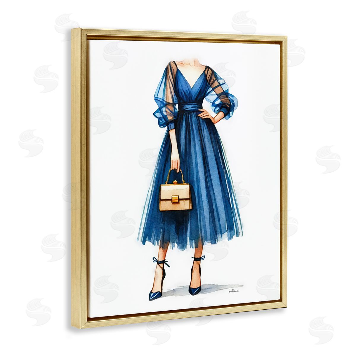 Amanda Greenwood Glam Blue Fashion Gown Gold Floating Frame Canvas Wall Art Print