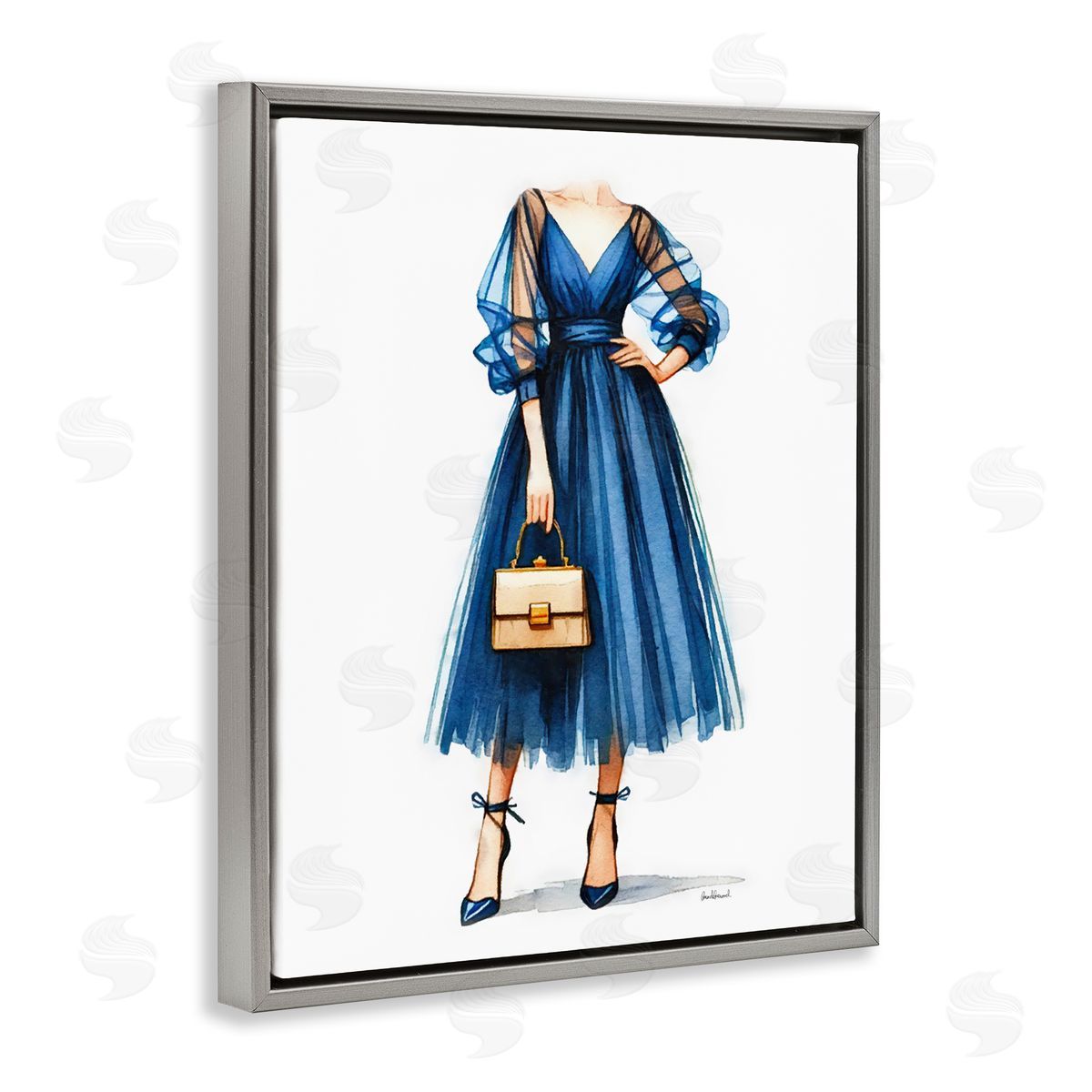 Amanda Greenwood Glam Blue Fashion Gown Gray Floating Frame Canvas Wall Art Print
