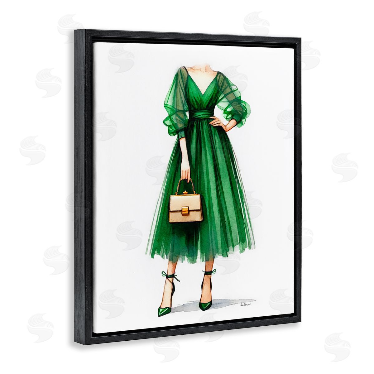 Amanda Greenwood Glam Green Fashion Gown Black Floating Frame Canvas Wall Art Print