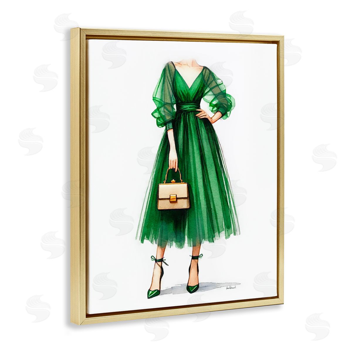 Amanda Greenwood Glam Green Fashion Gown Gold Floating Frame Canvas Wall Art Print