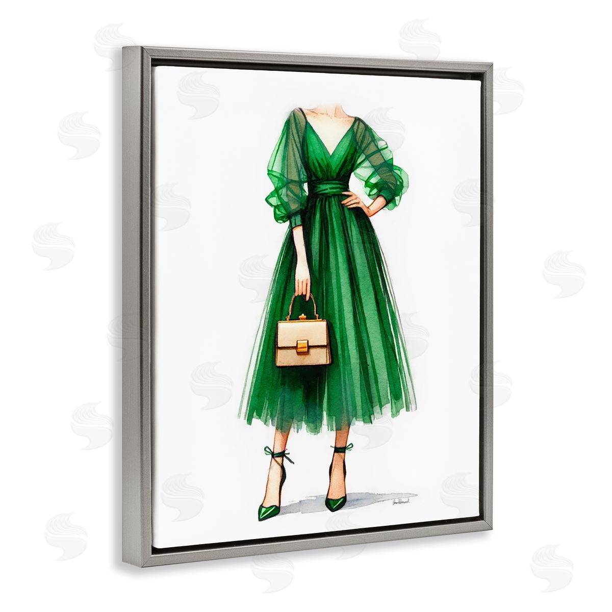 Amanda Greenwood Glam Green Fashion Gown Gray Floating Frame Canvas Wall Art Print