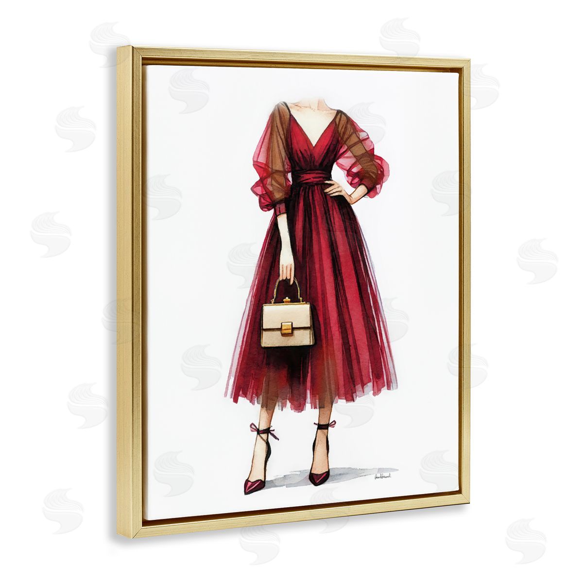 Amanda Greenwood Maroon Fashion Gown Gold Floating Frame Canvas Wall Art Print
