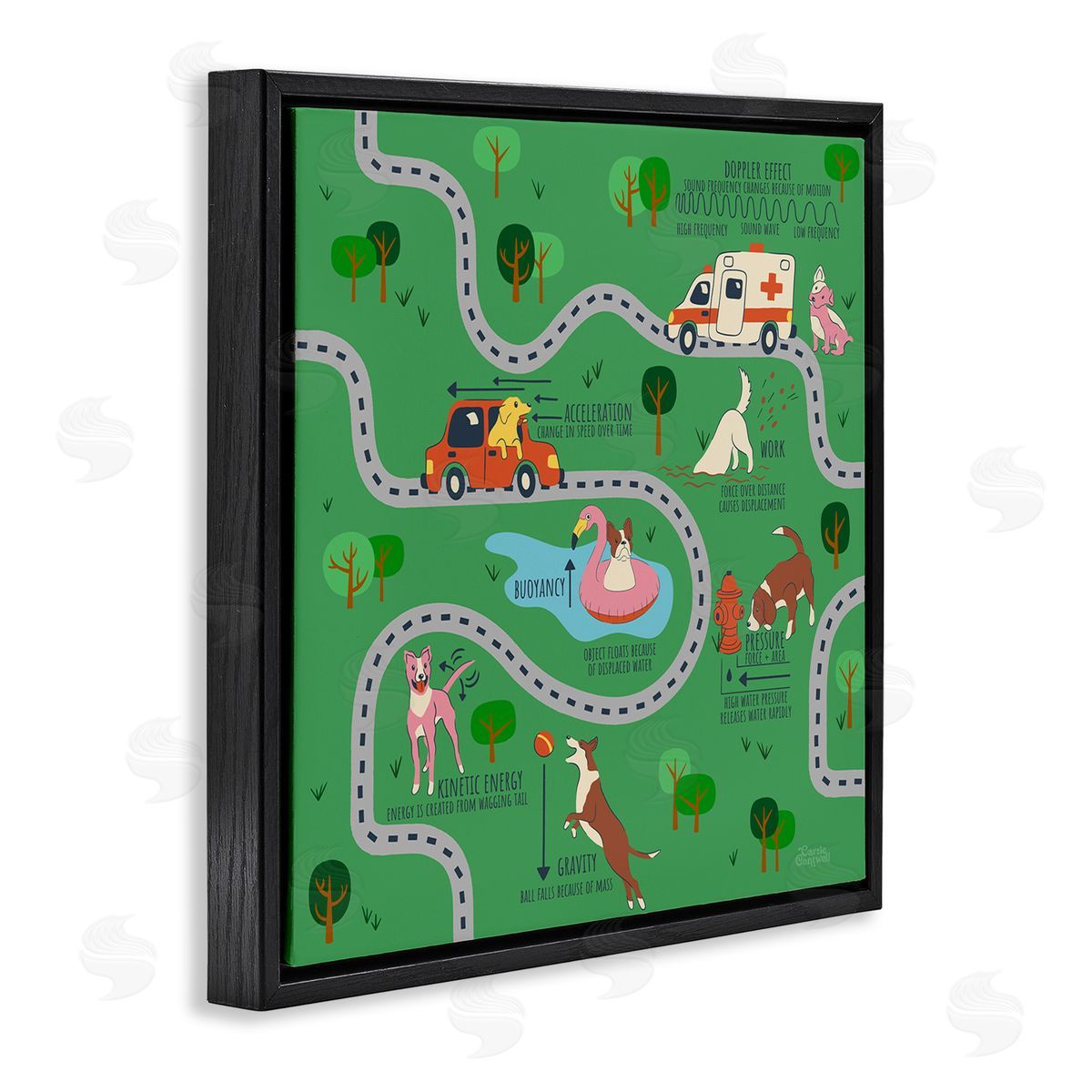Carrie Cantwell Whimsical Dogs Map Black Floating Frame Canvas Wall Art Print