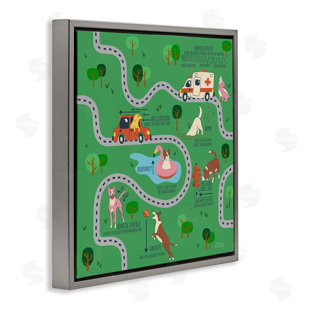 Carrie Cantwell Whimsical Dogs Map Gray Floating Frame Canvas Wall Art Print