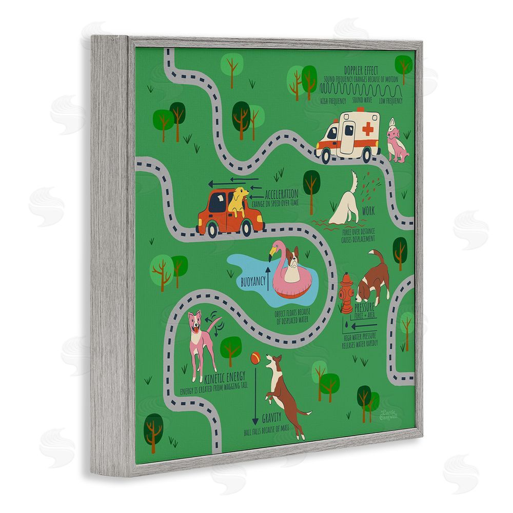 Carrie Cantwell Whimsical Dogs Map Gray Framed Giclee Wall Art Print