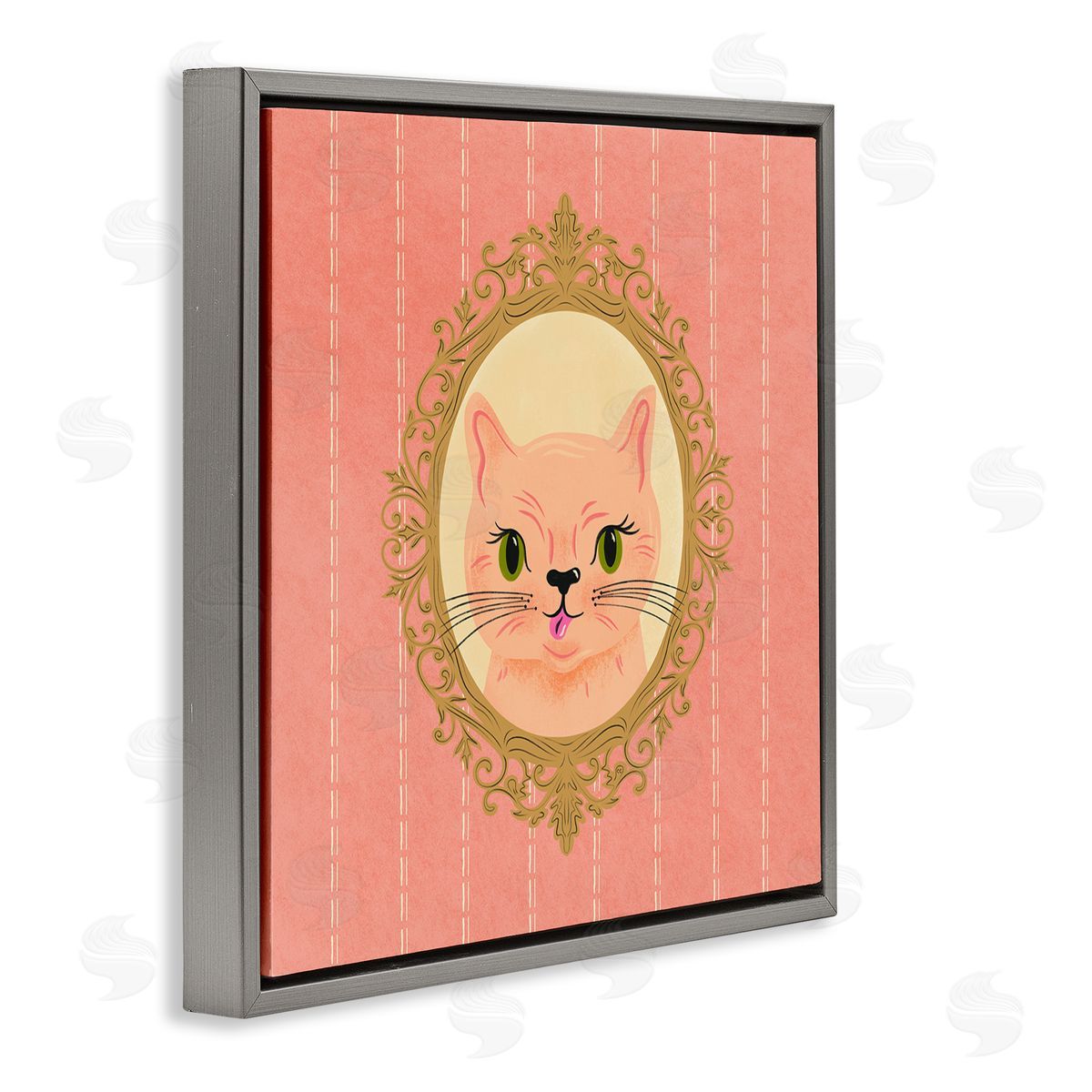 Carrie Cantwell Peach Cat Portrait Gray Floating Frame Canvas Wall Art Print