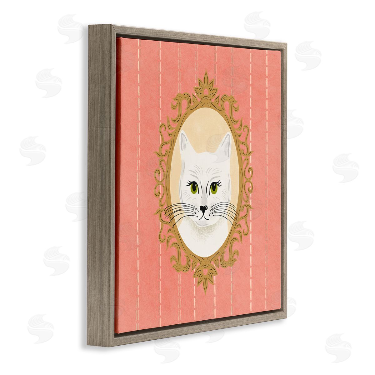 Carrie Cantwell White Cat Portrait Brown Floating Frame Canvas Wall Art Print