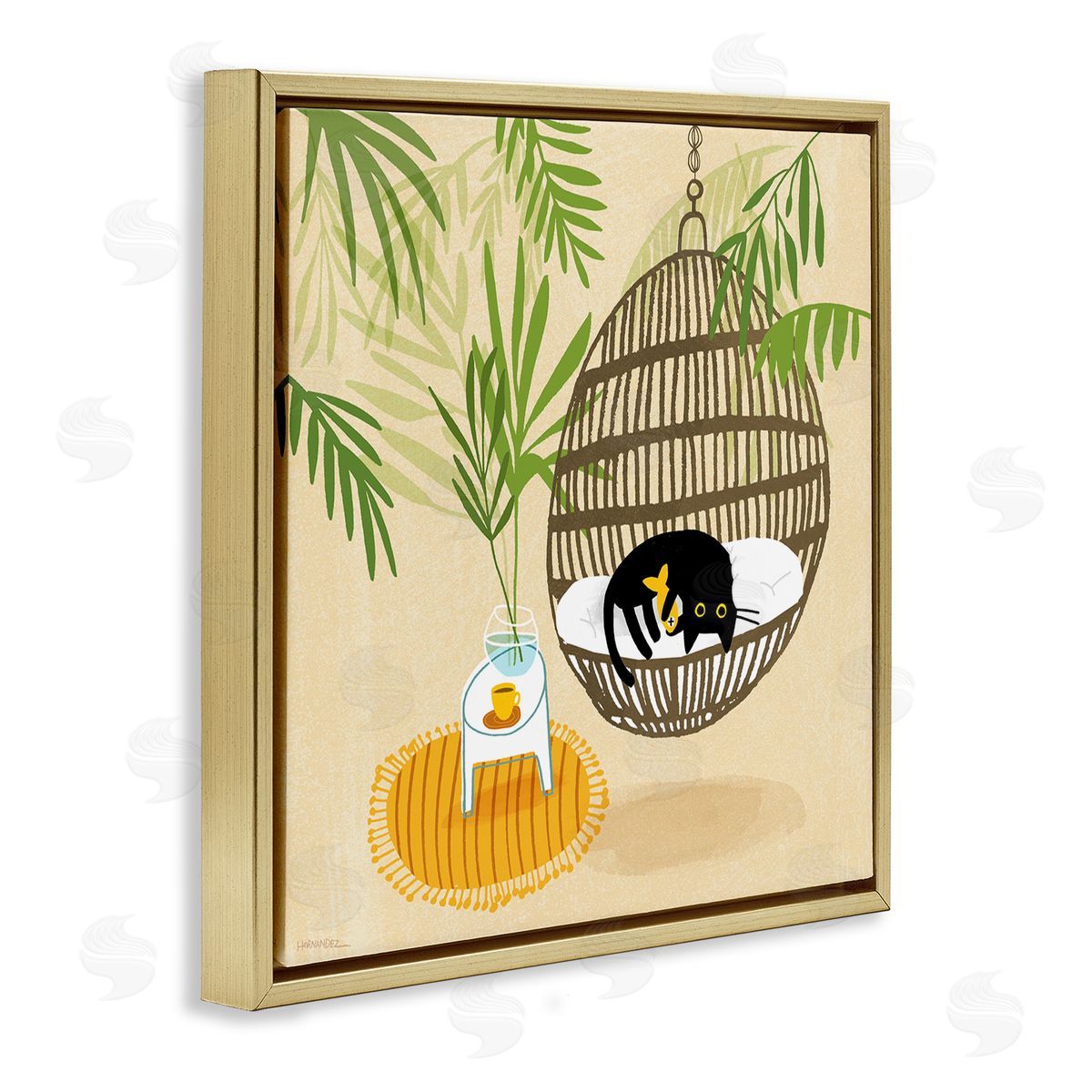 Leeza Hernandez Sleepy Cats on Porch Swing Gold Floating Frame Canvas Wall Art Print