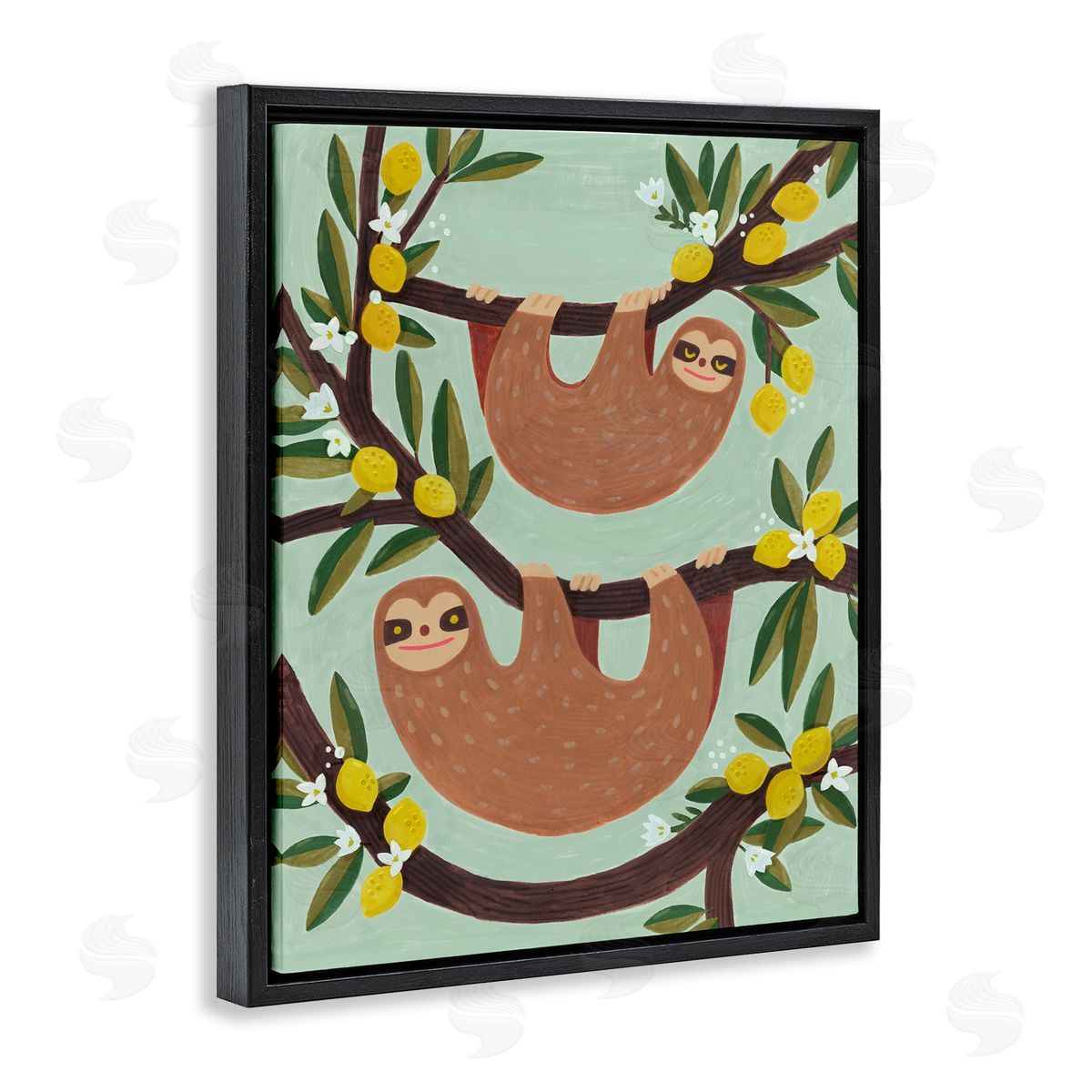 Sloths on Lemon Tree Branches Black Floating Frame Canvas Wall Art, Home Decor by Irene Chan