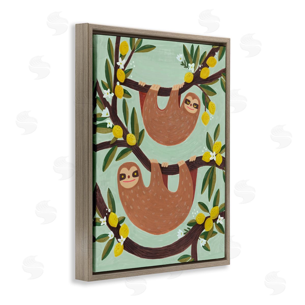 Sloths on Lemon Tree Branches Brown Floating Frame Canvas Wall Art, Home Decor by Irene Chan