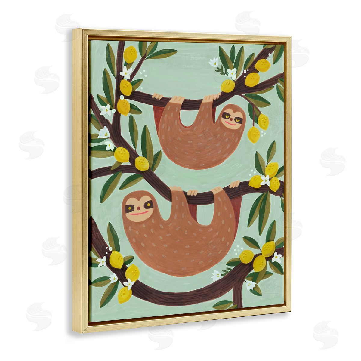 Sloths on Lemon Tree Branches Gold Floating Frame Canvas Wall Art, Home Decor by Irene Chan
