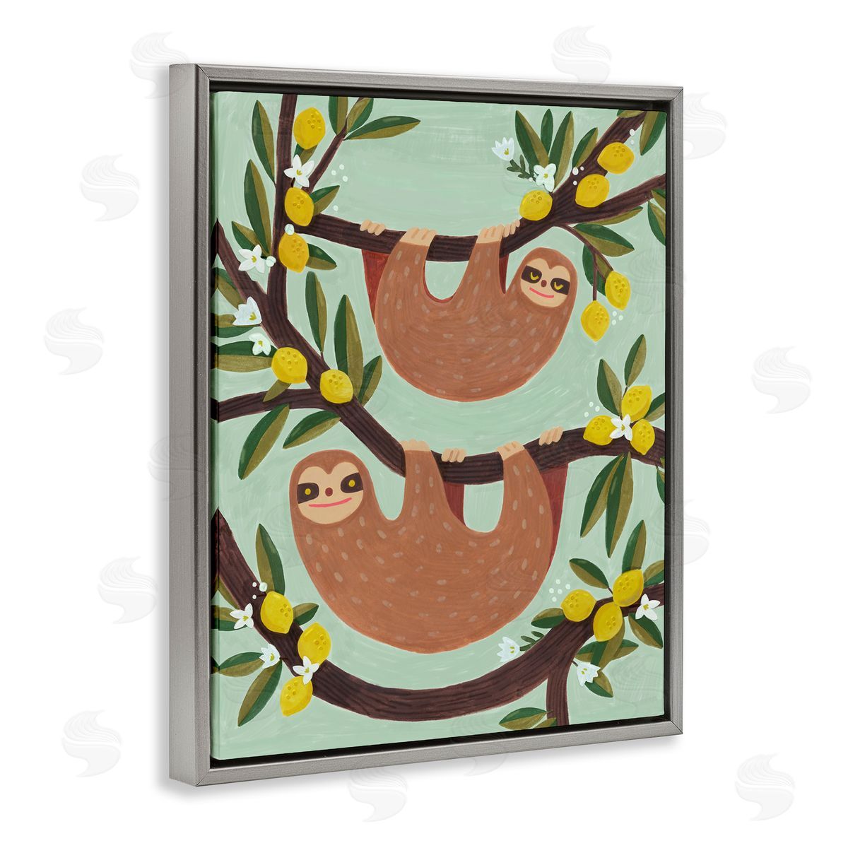 Sloths on Lemon Tree Branches Grey Floating Frame Canvas Wall Art, Home Decor by Irene Chan