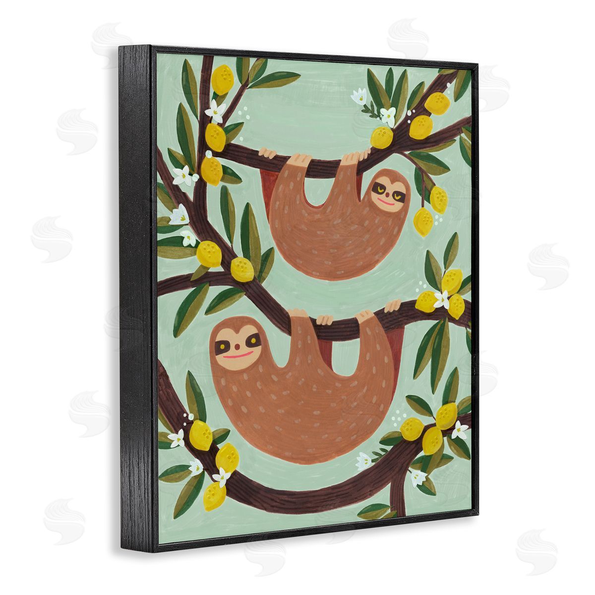 Sloths on Lemon Tree Branches Black Frame Print Wall Art, Home Decor by Irene Chan