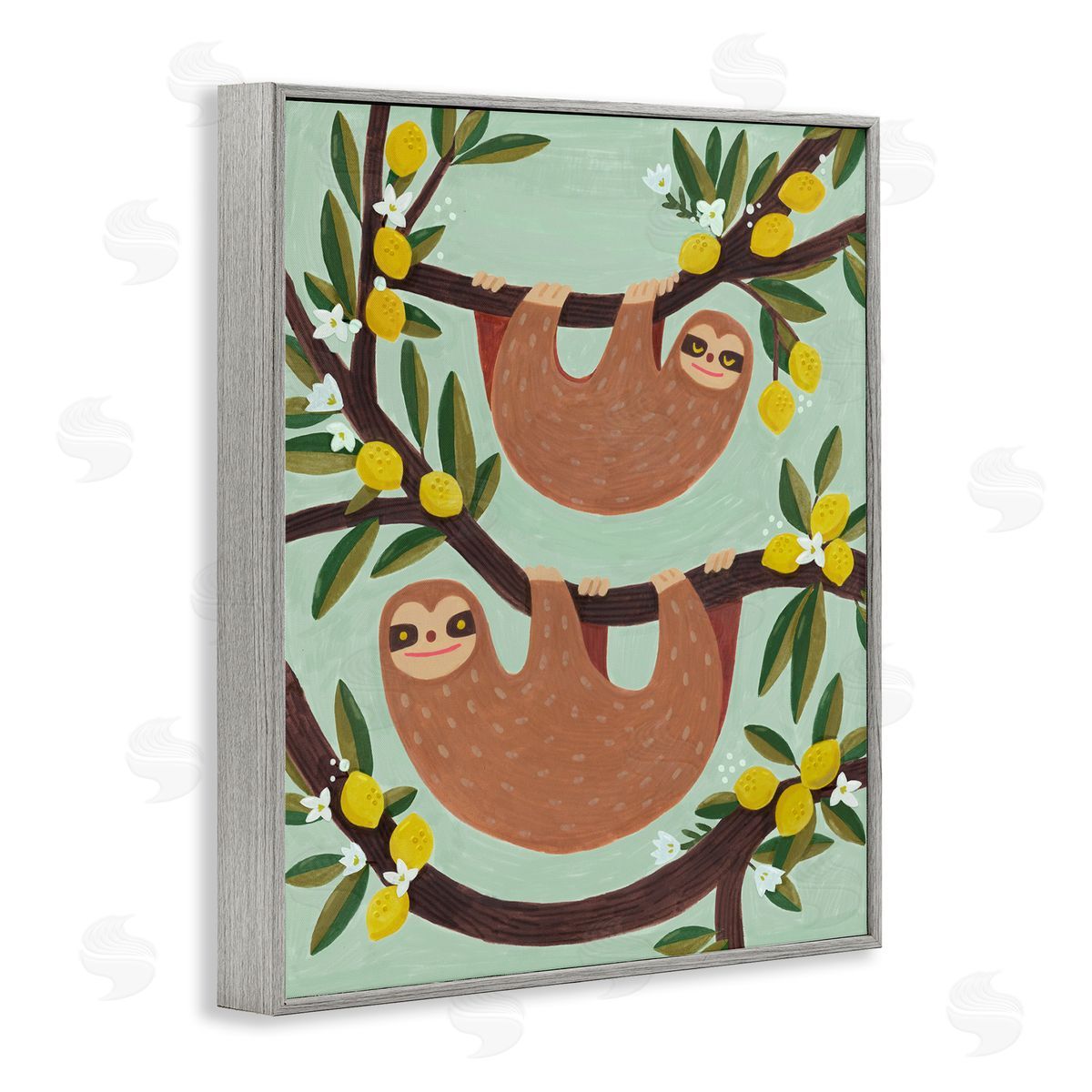 Sloths on Lemon Tree Branches Grey Frame Print Wall Art, Home Decor by Irene Chan