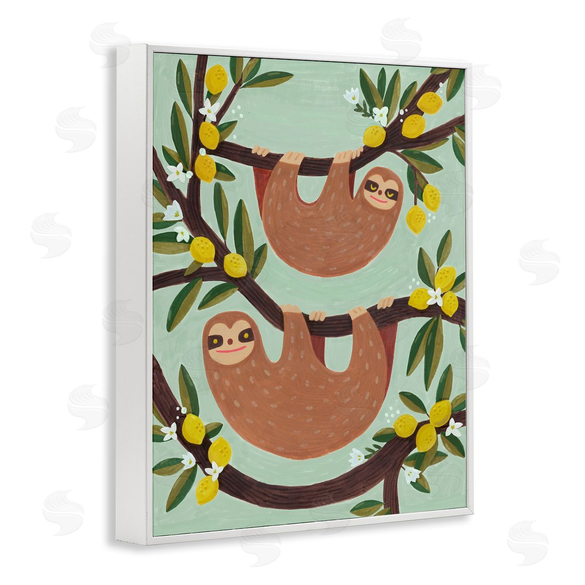 Sloths on Lemon Tree Branches White Frame Print Wall Art, Home Decor by Irene Chan