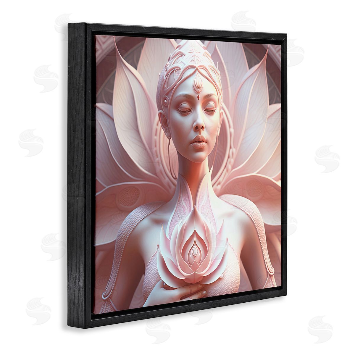 Spiritual Lotus Woman Statue Black Floating Frame Canvas Wall Art, Home Decor by Shambhala Light Visionary Art