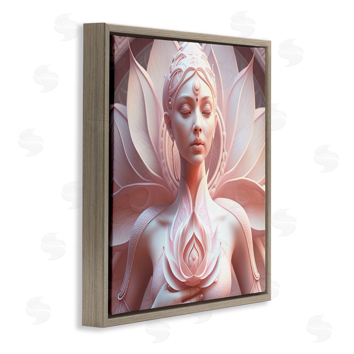 Spiritual Lotus Woman Statue Brown Floating Frame Canvas Wall Art, Home Decor by Shambhala Light Visionary Art