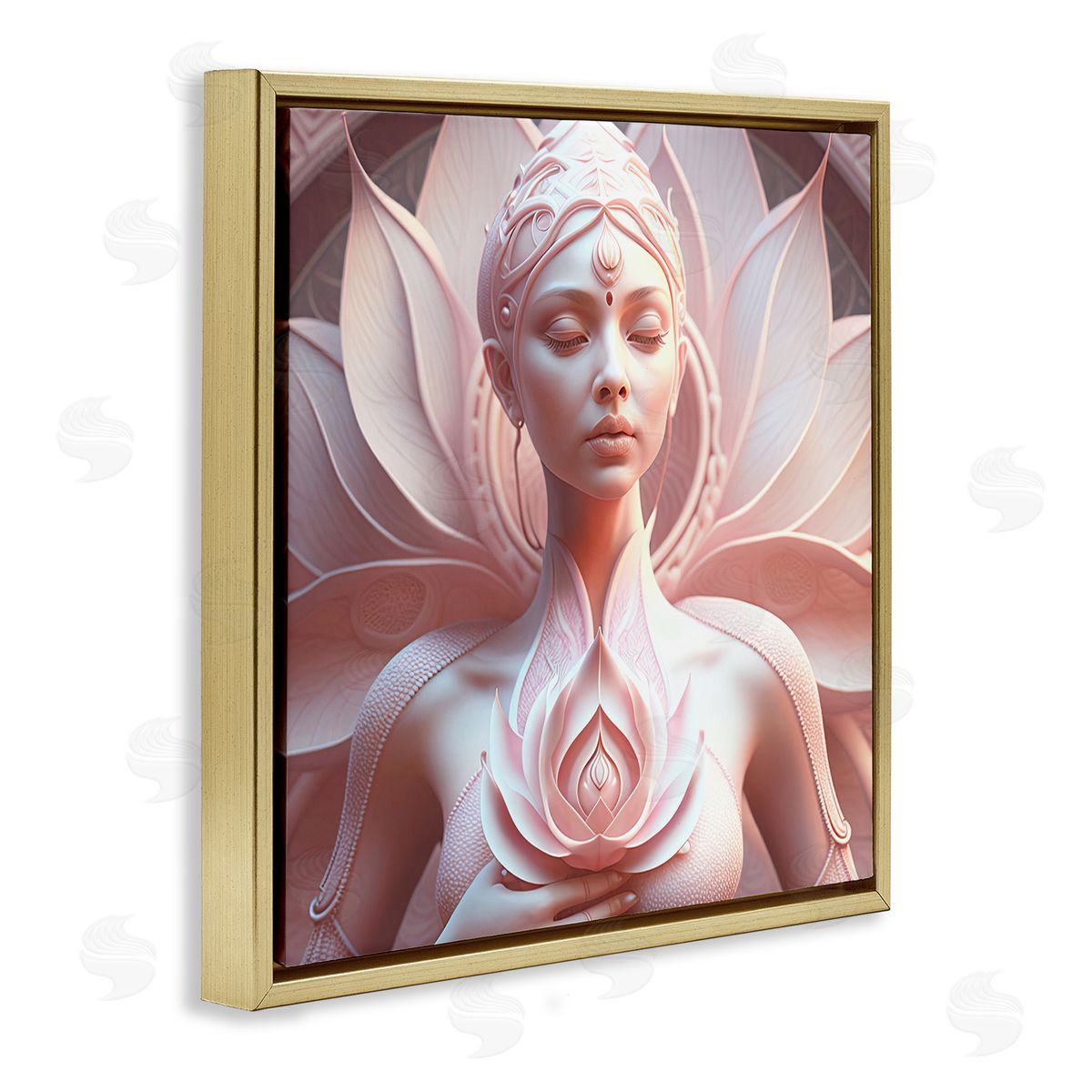 Spiritual Lotus Woman Statue Gold Floating Frame Canvas Wall Art, Home Decor by Shambhala Light Visionary Art
