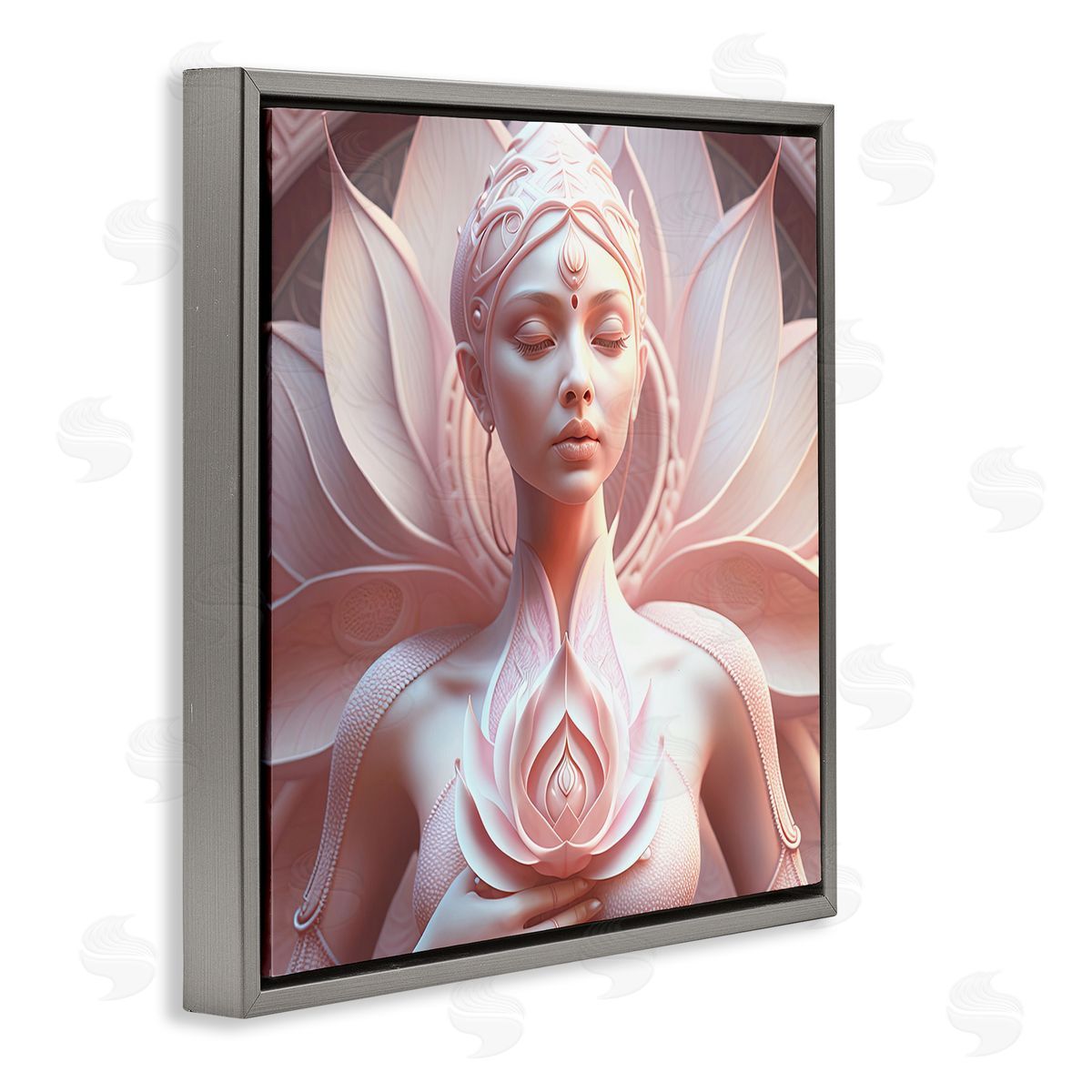 Spiritual Lotus Woman Statue Grey Floating Frame Canvas Wall Art, Home Decor by Shambhala Light Visionary Art
