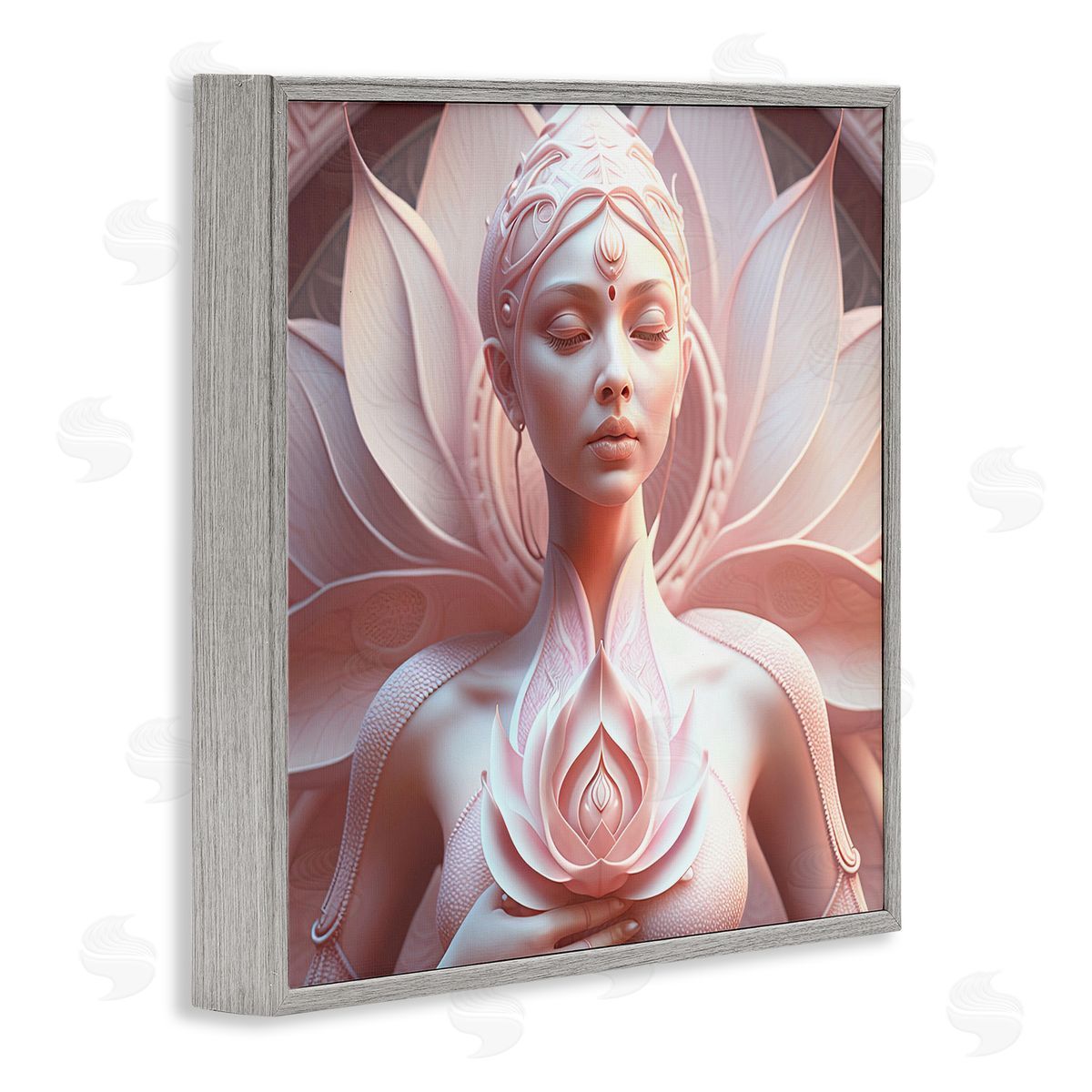 Spiritual Lotus Woman Statue Grey Frame Print Wall Art, Home Decor by Shambhala Light Visionary Art