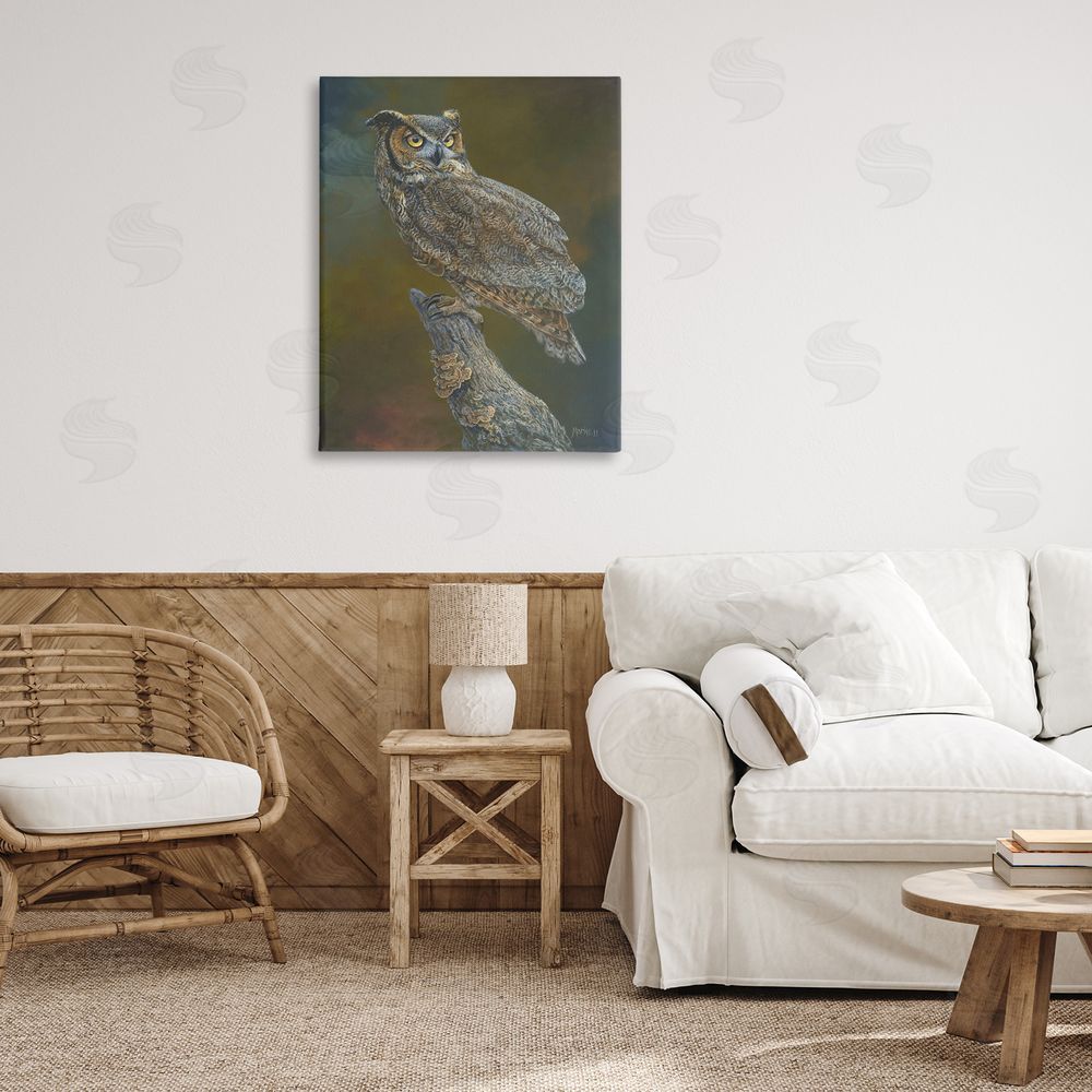 Laura Mark-Finberg Great Horned Owl on Branch Canvas Wall Art Print in Room
