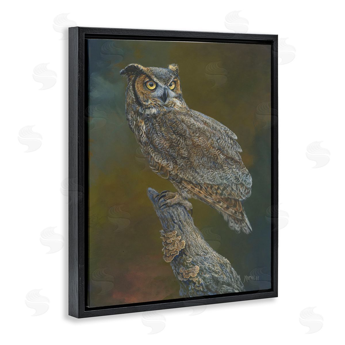 Laura Mark-Finberg Great Horned Owl on Branch Black Floating Frame Canvas Wall Art Print