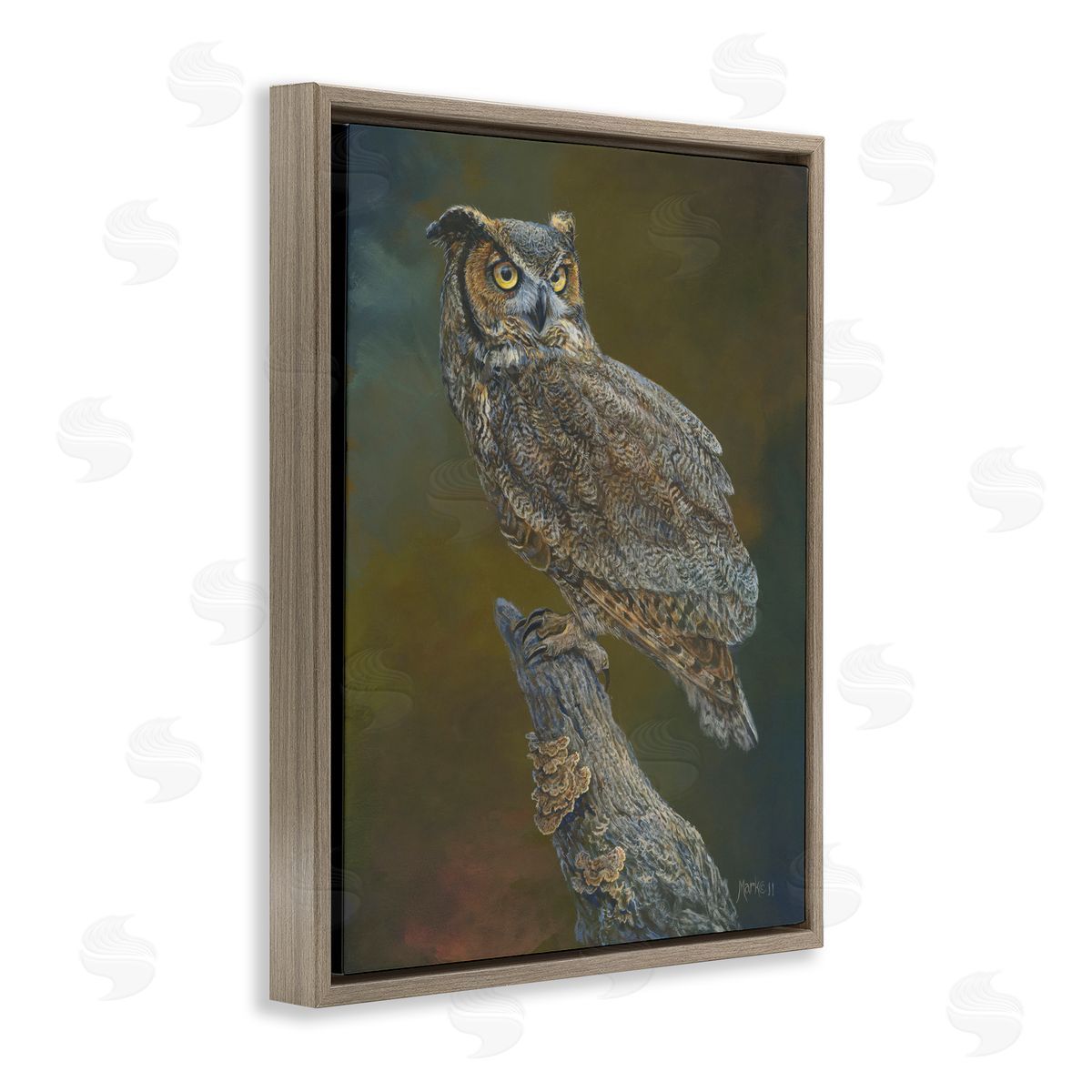Laura Mark-Finberg Great Horned Owl on Branch Brown Floating Frame Canvas Wall Art Print