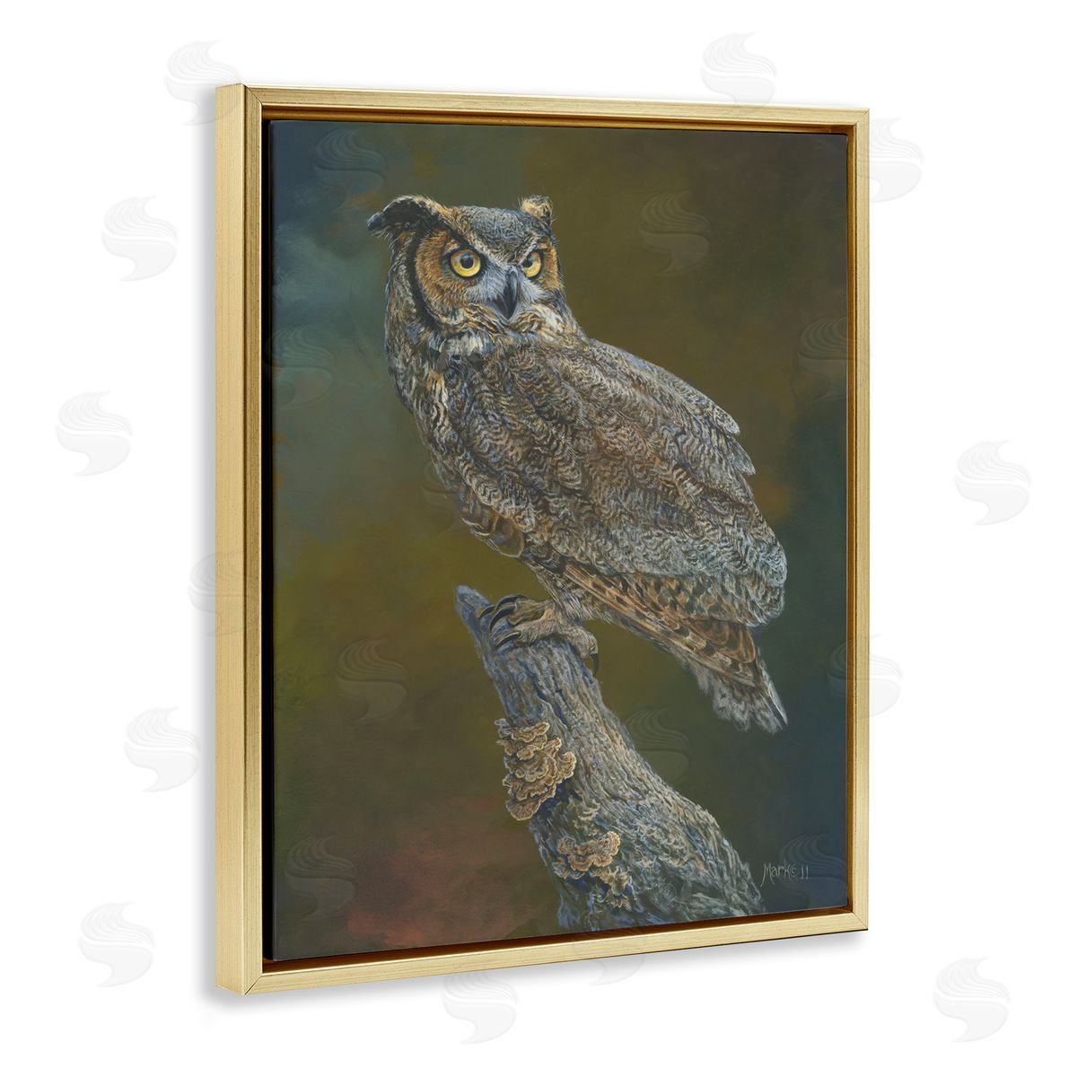 Laura Mark-Finberg Great Horned Owl on Branch Gold Floating Frame Canvas Wall Art Print