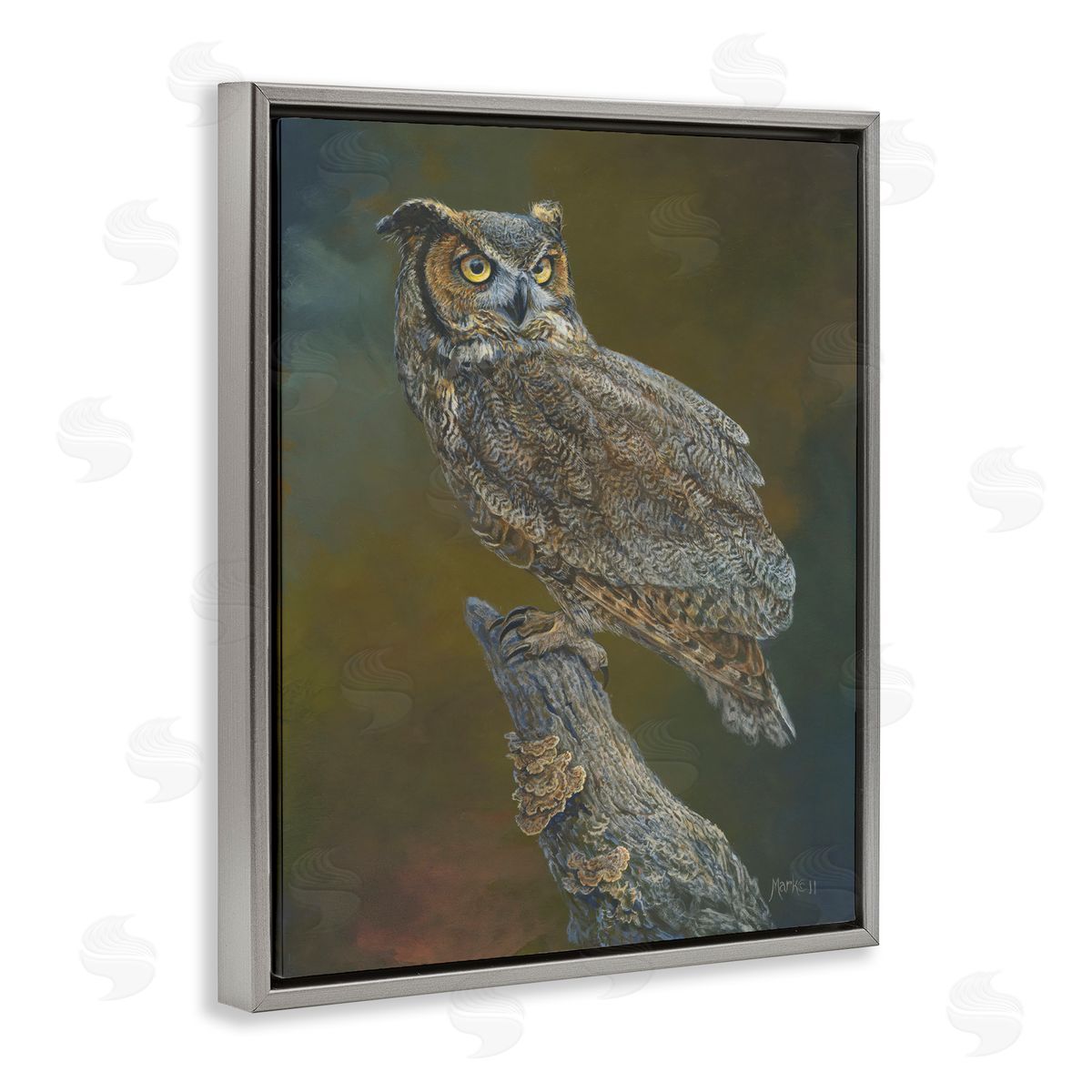 Laura Mark-Finberg Great Horned Owl on Branch Gray Floating Frame Canvas Wall Art Print