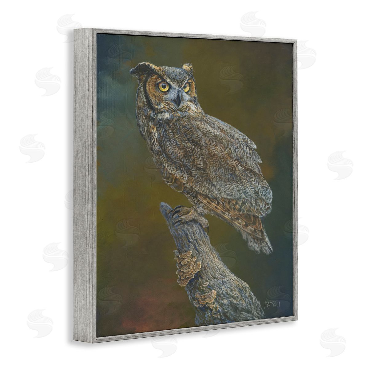 Laura Mark-Finberg Great Horned Owl on Branch Gray Framed Giclee Wall Art Print
