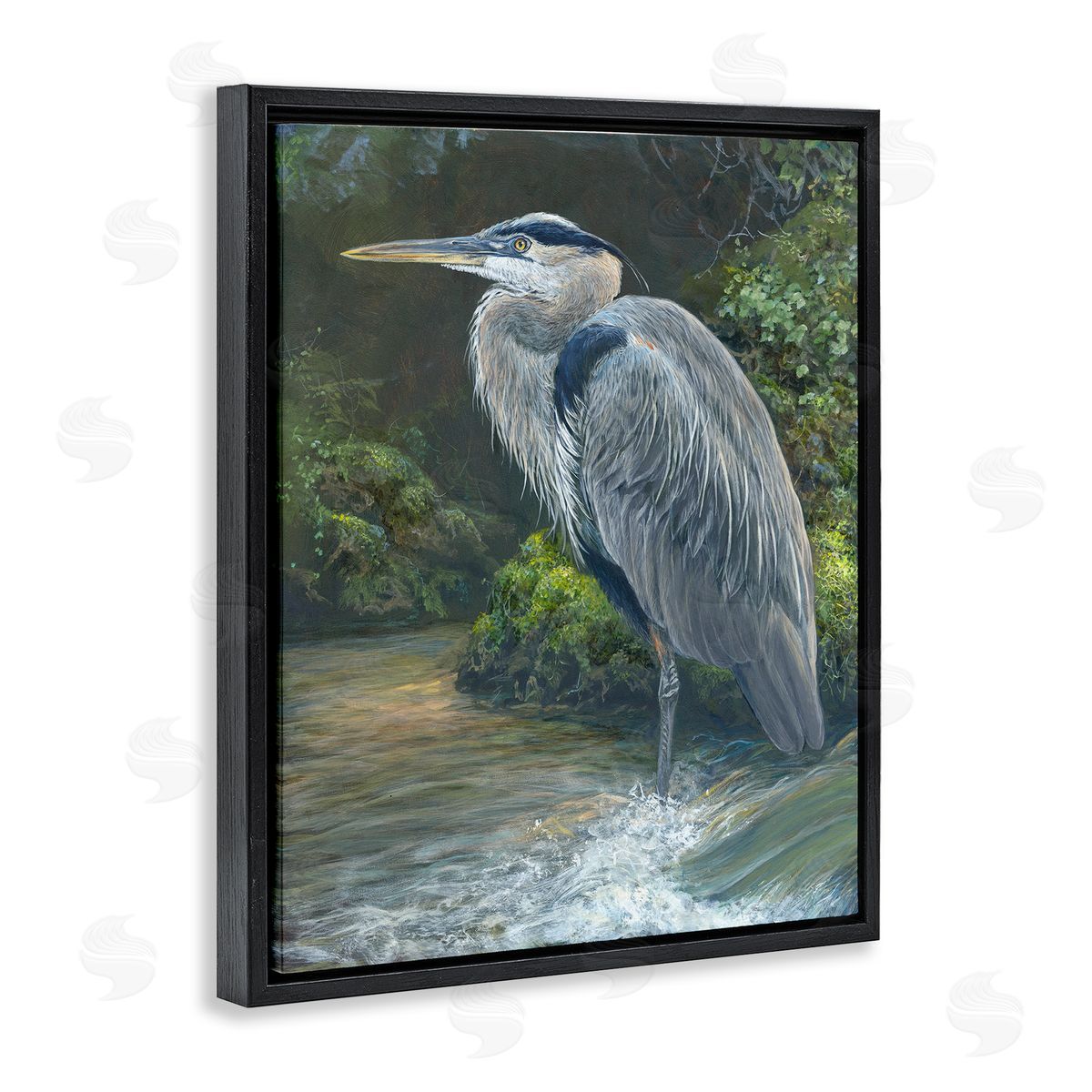 Laura Mark-Finberg Blue Heron at Water's Edge Black Floating Frame Canvas Wall Art Print