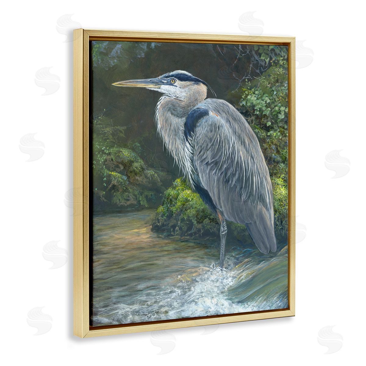 Laura Mark-Finberg Blue Heron at Water's Edge Gold Floating Frame Canvas Wall Art Print