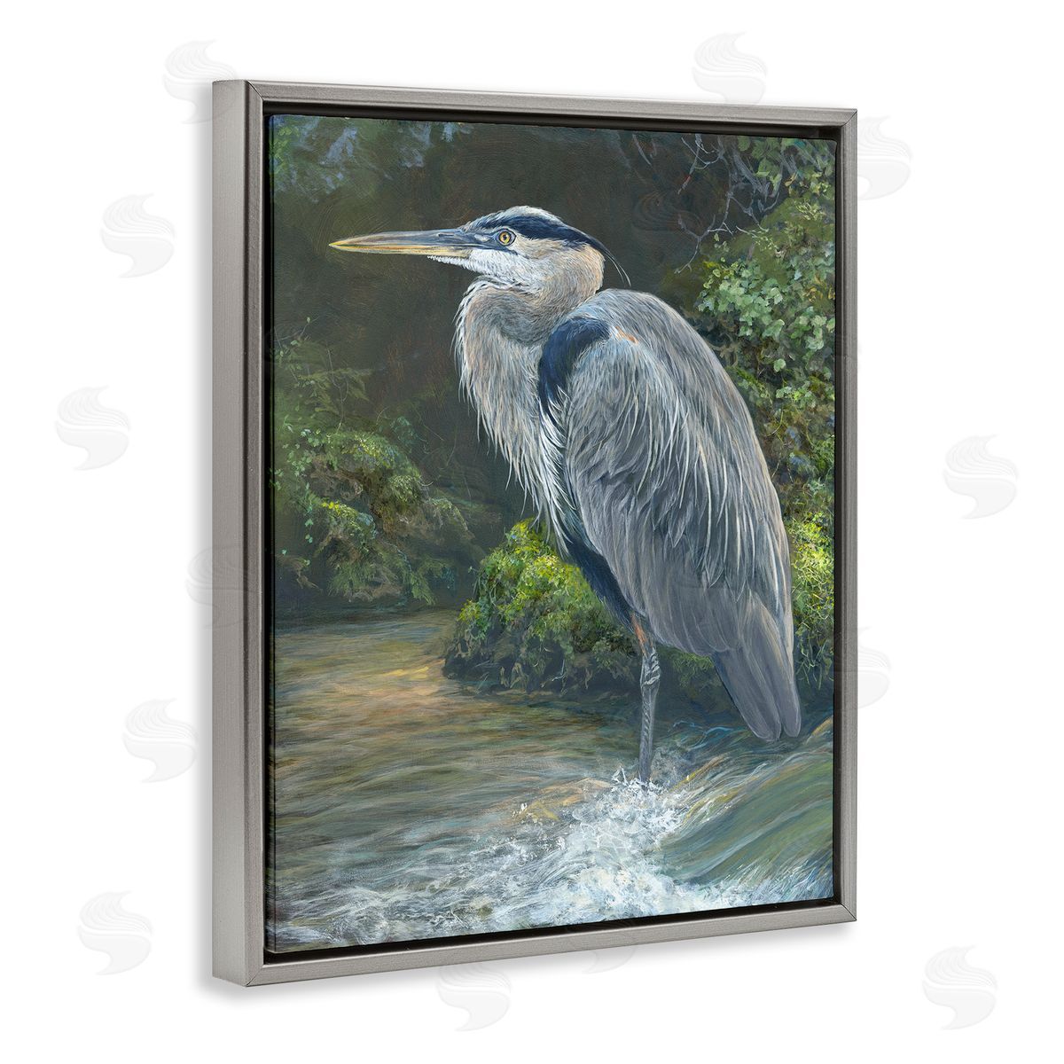 Laura Mark-Finberg Blue Heron at Water's Edge Gray Floating Frame Canvas Wall Art Print